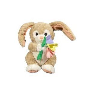 Dakin "tulip‎ tickle bunny" tan plush rabbit holding flowers, wired lop ears 12"